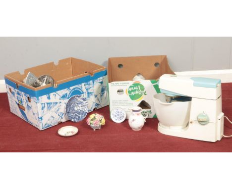 Two boxes of miscellaneous. Vintage Kenwood Chef &amp; attachments, Coalport jug, Adderley posie  