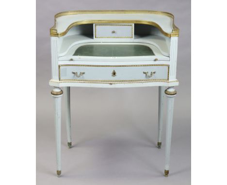 A Carlton House-type light grey painted wooden small ladies desk inset gilt-tooled green leather to the sliding top, fitted f