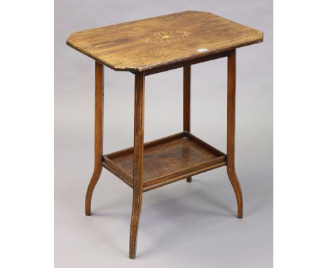 A 19th century inlaid-mahogany rectangular two-tier occasional table on square supports, 59.5cm wide x 67.5cm high x 40cm dee