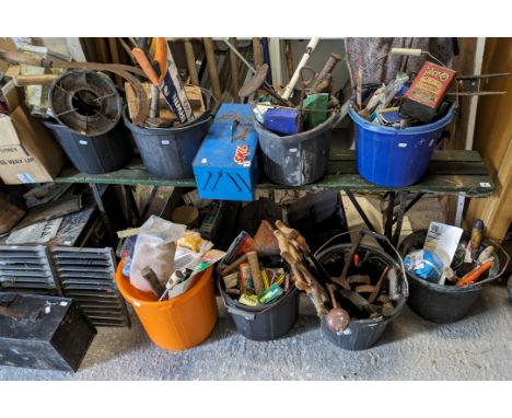 Various assorted hand tools &amp; gardening tools; together with two trunks &amp; sundry other items. 