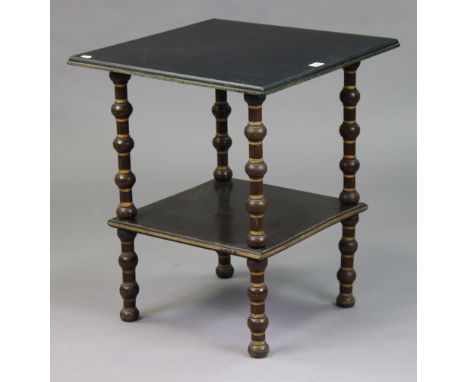 A 19th century &amp; later ebonised wooden square two-tier occasional table on painted bobbin-turned supports, 53cm wide x 63