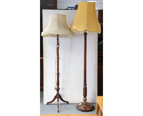 A regency-style mahogany standard lamp on a vase-turned centre column &amp; three splay legs; &amp; another standard lamp, ea