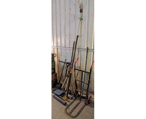 A pair of vintage heavy-duty sack trucks; &amp; various garden tools; &amp; hand tools. 