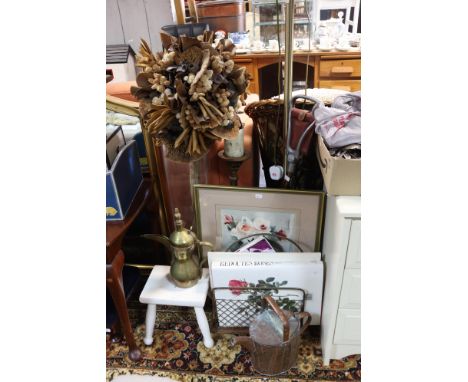 A gilt frame rectangular wall mirror with a rounded top &amp; inset with a bevelled plate, 89cm x 69cm; together with a stand