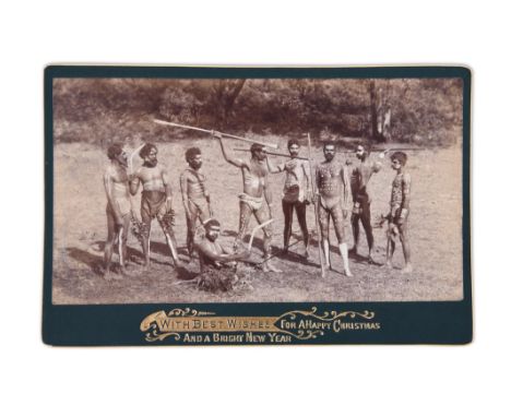 Aboriginals - a photograph cabinet card depicting nine Australian Aborigine men Alubmen print on green card with gilt stamped