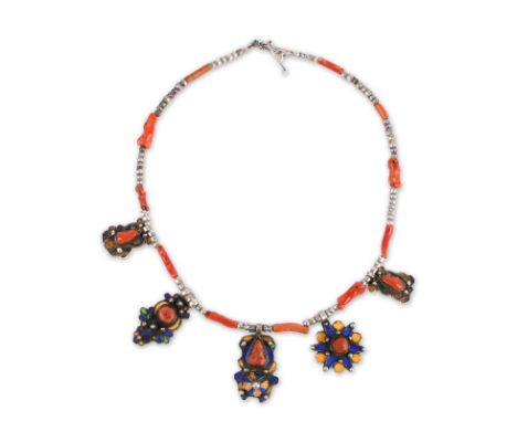 λA Kabyle necklace Algeria silver coloured metal, enamel and coral, 48cm long.