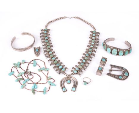A Navajo squash blossom necklace Southwest, North America silver coloured metal and turquoise, 52cm long, a Navajo turquoise 