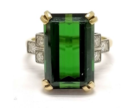 18ct marked gold large green tourmaline (approx 16mm long) &amp; diamond ring - size N &amp; 7.4g total weight 