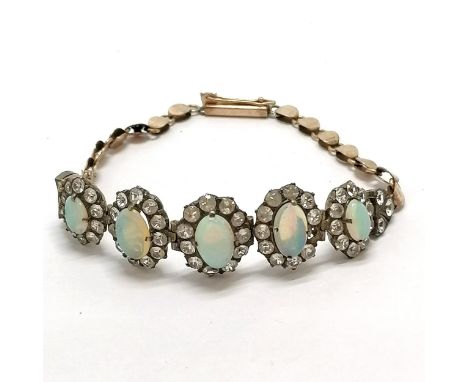 Antique gold and silver mounted opal / white sapphire bracelet - 17cm &amp; 9.3g total weight ~ 2 sapphires missing &amp; 1 o