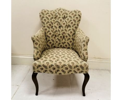 Ladies cream and patterned button back upholstered armchair on slender cabriole legs,  in good condition, 56 cm wide x 73 cm 
