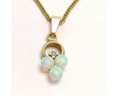 9ct hallmarked gold opal &amp; diamond pendant on a 9ct hallmarked gold 50cm neckchain - total weight 3g ~ signs of old repai