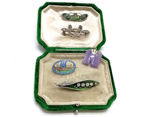 4 x silver brooches (3 enamel inc Norne viking ship) t/w hand carved lavender jade elephant pendant in an antique green box (