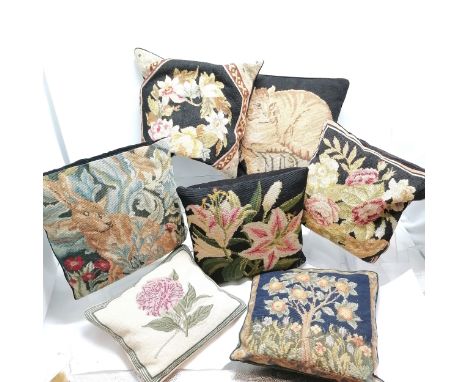 Collection of seven assorted tapestry cushions, to include floral and animal patterns, 42 cm square. 