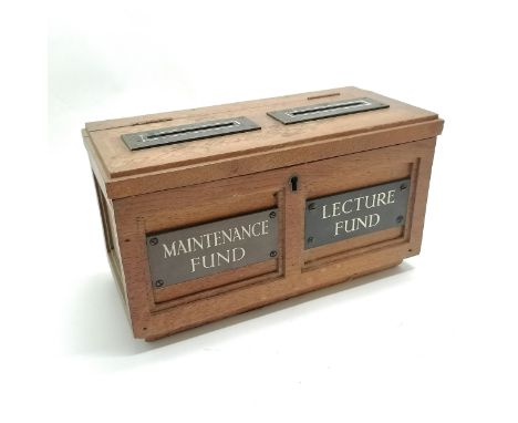 Oak antique maintenance fund / lecture fund donation box with bronze plaques with enamel detail - 31cm x 14cm x 17cm high ~ h