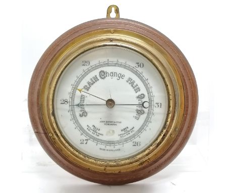 John Barker (Kensington) barometer in brass case on turned oak panel - 26cm diameter ~ glass a/f 