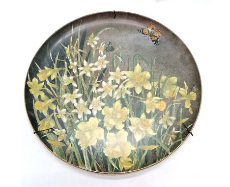 1883 May J Heyworth hand painted pottery wall charger titled 'Narcissus &amp; daffodils' (with butterfly detail) with origina