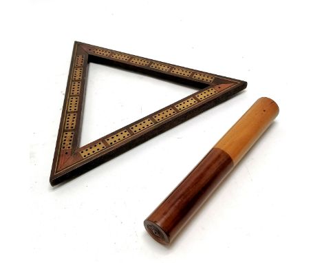 Antique triangular cribbage board with parquetry detail - 27.5cm across t/w turned wooden pencil box / rule (21cm) 