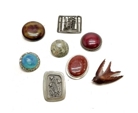 3 x Ruskin style plaque brooches, t/w other brooches inc R Tenn, Jupiter at Olympus by Coro, silver mounted etc 
