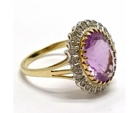 9ct hallmarked gold amethyst &amp; diamond cluster ring - size U &amp; 4.8g total weight 