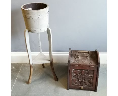 Hand carved Art Nouveau oak coalbox with brass handle to top - 38cm high x 45cm x 34cm t/w barrel planter with R A Lister Co 