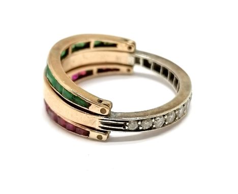 Unmarked gold reversible / flip over ring channel set with diamond / ruby / emerald - size R½ &amp; 5.3g total weight 