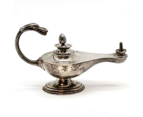 1912 silver genie lamp design table lighter with later silver stopper - 9cm high x 14.5cm long &amp; 79g ~ has some dents