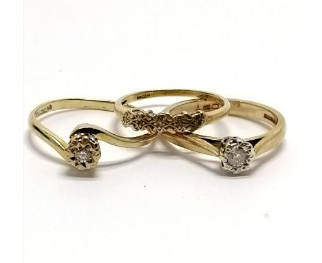 3 x 9ct hallmarked gold diamond set rings (inc 2 solitaires) - size L to R½ &amp; 5.6g total weight 