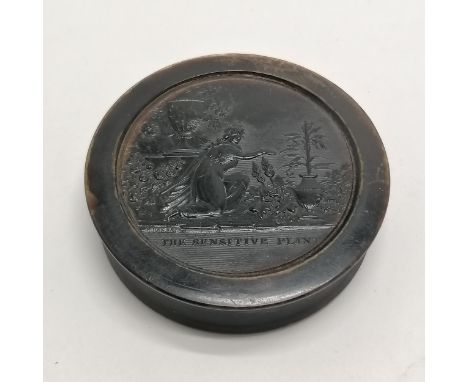 Antique pressed horn / tortoiseshell ? table snuff box by Wilson with classical scene to lid 'The Sensitive Plant' after Shel