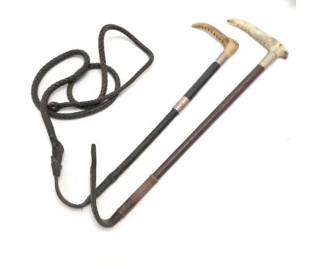 Swaine antique leather riding crop with antler horn handle T/w a Swaine &amp; Adeney Ltd silver mounted riding crop/whip 190c