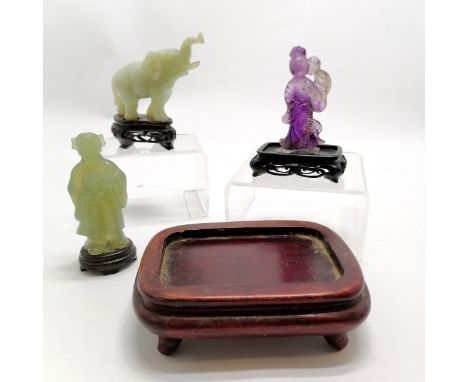Oriental hardstone hand carved jade figure on wooden base, hand carved amethyst quartz figure on wooden base etc t/w a wooden