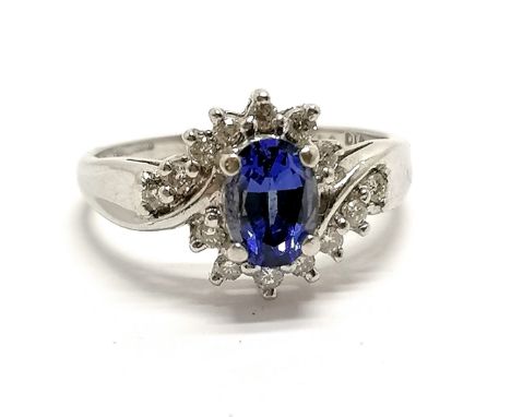 18ct hallmarked white gold sapphire &amp; diamond (0.23cts total weight indicated) cluster ring - size M½ &amp; 3.7g total we