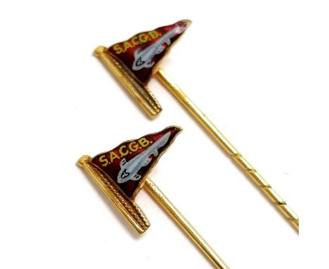 2 x 9ct hallmarked gold SACGB (Shark Angling Club of Great Britain) stick / tie pins with enamel detail - 5.5cm long &amp; 2g