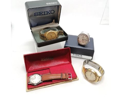 4 x vintage wristwatches inc Seiko 5 automatic gold plated &amp; boxed manual wind Roamer (both running) t/w quartz Seiko gol