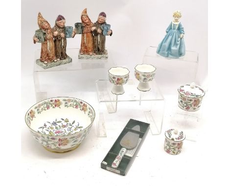 Minton Haddon Hall pattern fruit bowl, 22 cm diameter x 11 cm high, 2 jampots etc t/w pair of continental pottery monk figure