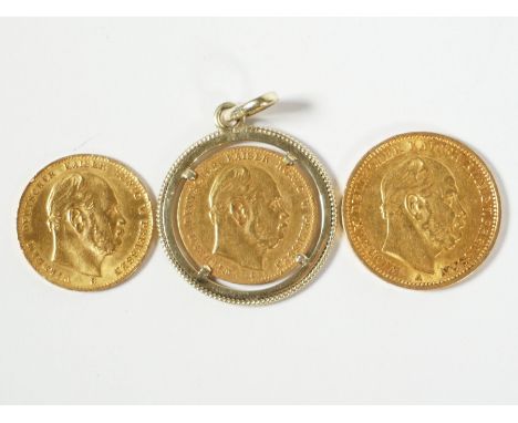 DEUTSCHES REICH, Preussen, 3 Goldmünzen,2x 10 M 1875 B + C (diese in 585er-Gelbgoldfassung); 20 M 1876 A; je 900er-Gold, zus.