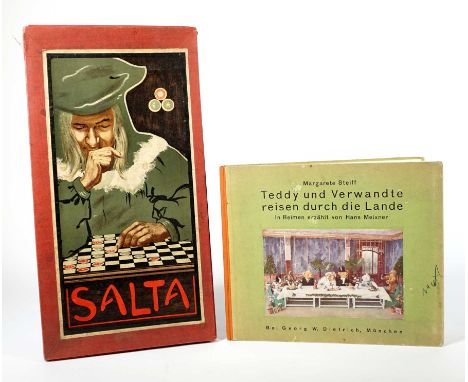 BRETTSPIEL, Salta, Anfang 20.Jh.,2x je 12 Spielsteine u Spielbrett, orig. Anleitung u Karton, dazu Steiff, Margarete, Teddy u