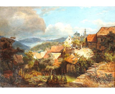 HARDT, Ernst (*1869 Rondorf bei Köln † Bad Godesberg),Öl/Lw, Dorfansicht mit Sicht auf Schloss Burg im Bergischen Land, unten