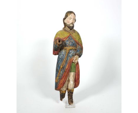 SKULPTUR, ländliche*r Schnitzer*in um 1800,Hl. Rochus, Linde, gestuckt und polychrom gefasst, H 39 cm, beschädigt