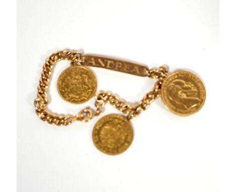 MÜNZARMBAND, Namensplättchen (graviert Andrea),Kettenglieder u Verschluß je 585er-Gold, besetzt mit: DR, Hamburg, 10 M 1911; 