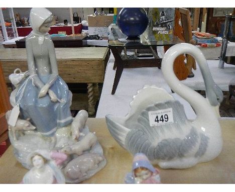 A Lladro style figure of a girl with pigs and a NAO swan.