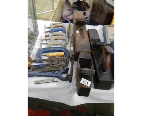 A mixed lot of tools including clamps, planes etc., COLLECT ONLY.