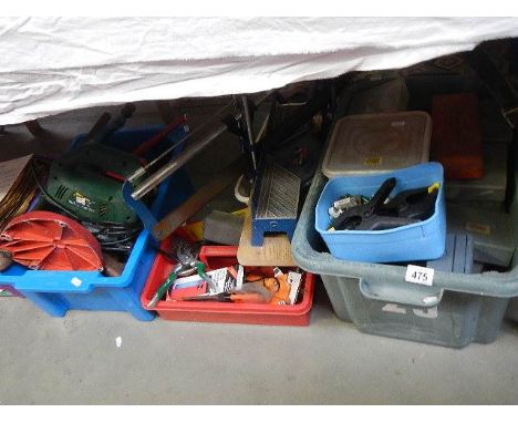 Three boxes of assorted tools including tubs of screws, nails, drill stand and mitre saw.