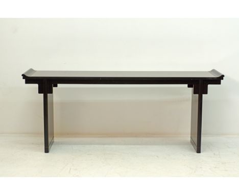 A Chinese style black lacquered wooden altar console table with everted ends. W201cm, D50cm, H78cm. It comes with a glass top