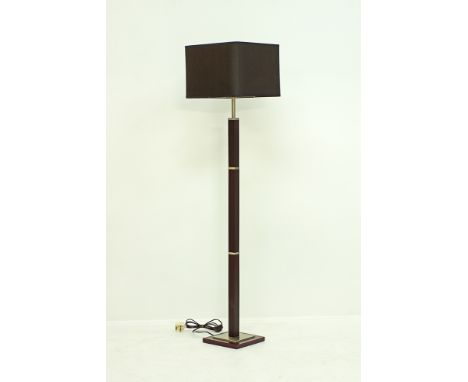 A floor lamp on a straight wood and metal pole with a black square shade, H147cm, modern.Provenance: From the Estate of Aleco
