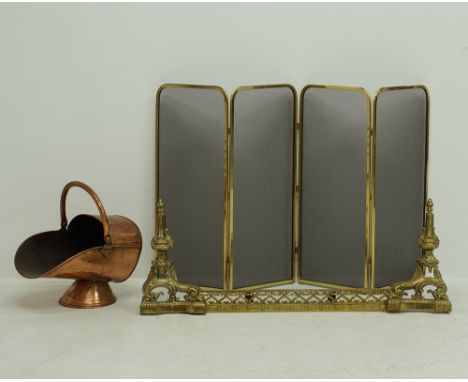 A fireplace brass fender adjustable width from 80cm to 110cm together with a four fold hinged screen with brass frame H79cm, 