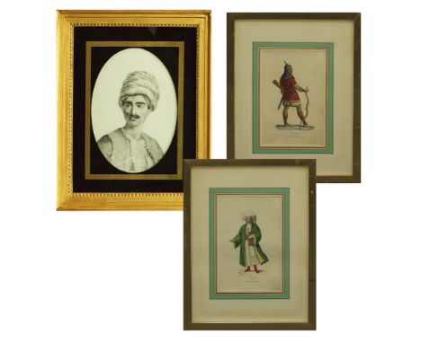 Three prints comprising a print of Hassan El Berberi in Ottoman dress after A.S. Dujardin painting, in an oval 28x20cm, glaze