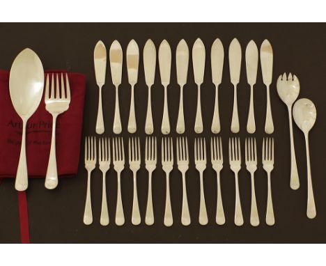 A silver plated fish cutlery set for twelve comprising 12 fish folks L17cm, 11 fish knives L20cm, a fish slice and fork and a