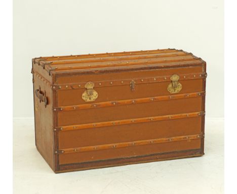 A Greek origin - Athan. Ioannou, Athens, antique travel trunk or blanket chest. Leather bound and wood, studded with brass, d