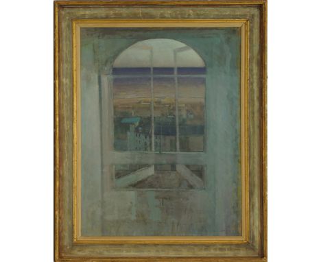 Fred Cuming (British 1930-2022), window with arch and blue view, oil on board, signed lower right, 92x72cm. With authenticati