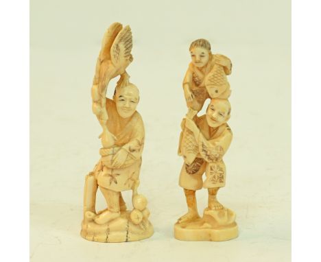 Two Japanese carved ivory Okimonos H12,5cm, and H13,5cm, late 19th / early 20th century, some damages. (2)Provenance: From th